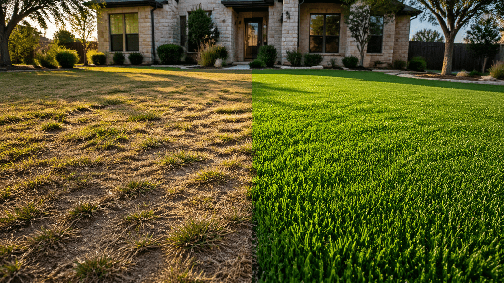 Patchy Austin lawn recovering after winter with healthy green grass replacing bare spots